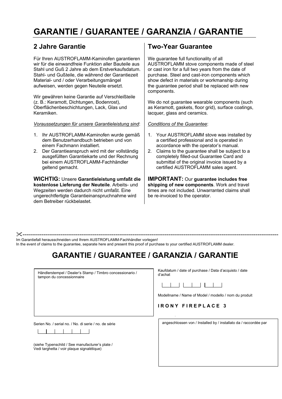 Garantie / guarantee / garanzia / garantie, 2 jahre garantie, Two-year guarantee | Austroflamm Irony Fireplace 3 User Manual | Page 15 / 16