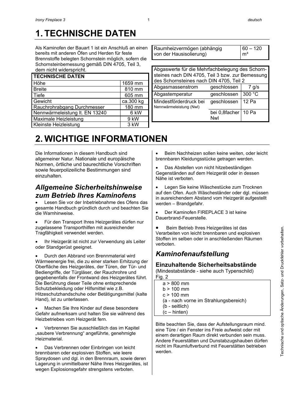 Technische daten, Wichtige informationen, Kaminofenaufstellung | Austroflamm Irony Fireplace 3 User Manual | Page 3 / 16