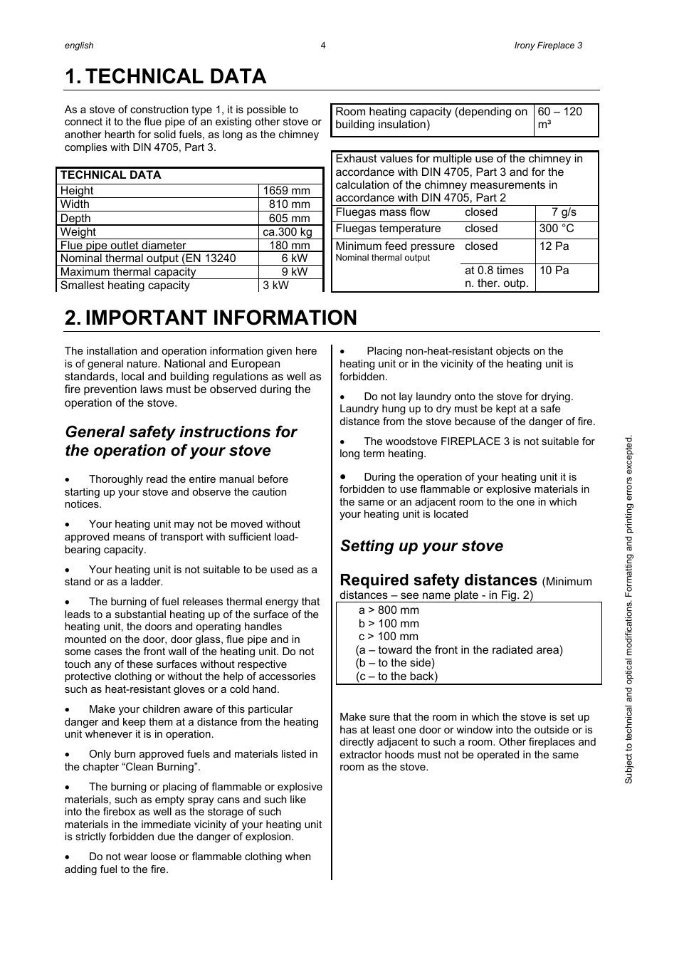 Technical data, Important information, Setting up your stove | Required safety distances | Austroflamm Irony Fireplace 3 User Manual | Page 6 / 16
