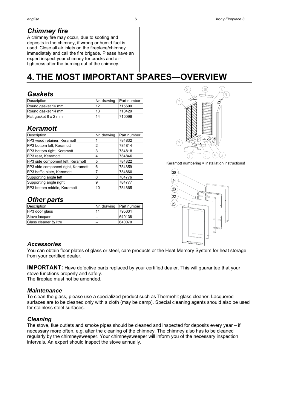 The most important spares—overview, Chimney fire, Gaskets | Keramott, Other parts, Accessories, Important, Maintenance, Cleaning | Austroflamm Irony Fireplace 3 User Manual | Page 8 / 16