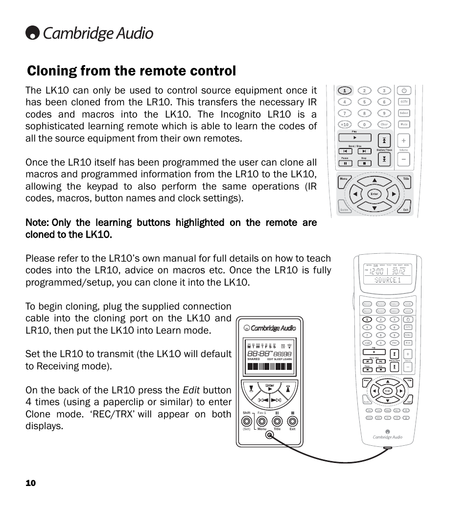 Cloning from the remote control | Cambridge Audio LK10 User Manual | Page 10 / 20