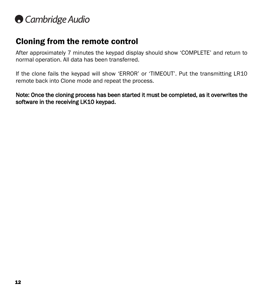 Cloning from the remote control | Cambridge Audio LK10 User Manual | Page 12 / 20