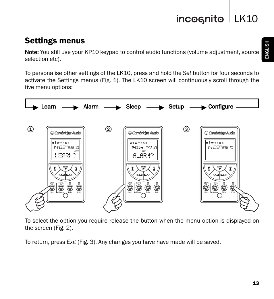 Lk10, Settings menus, Learn alarm sleep setup configure | Cambridge Audio LK10 User Manual | Page 13 / 20