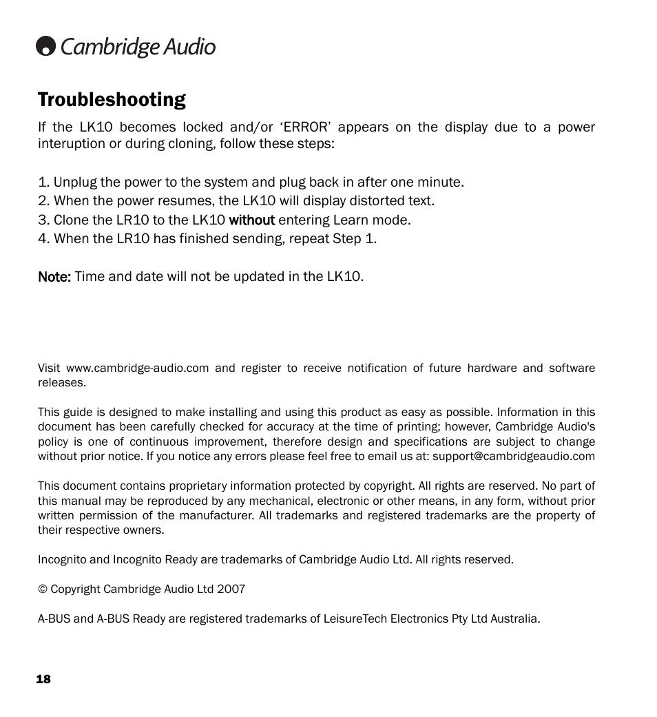 Troubleshooting | Cambridge Audio LK10 User Manual | Page 18 / 20