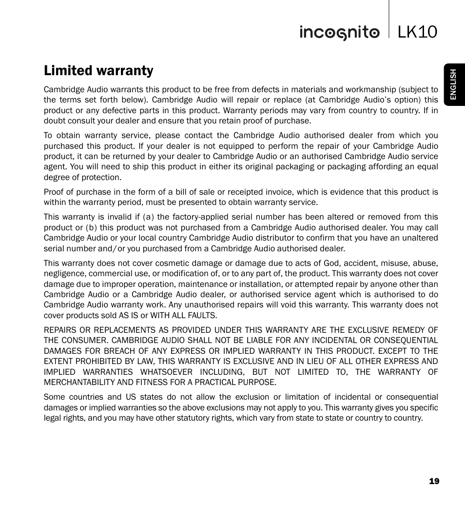 Lk10, Limited warranty | Cambridge Audio LK10 User Manual | Page 19 / 20