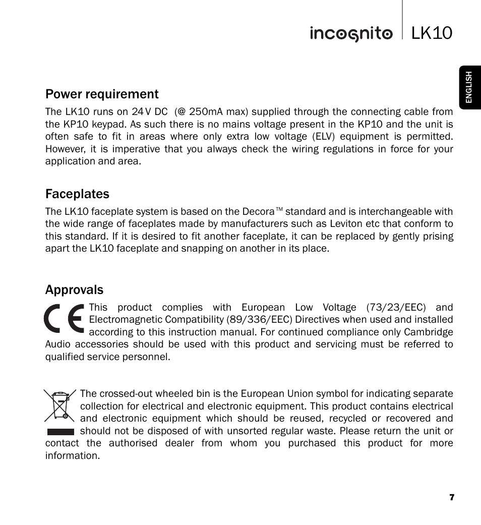 Lk10, Power requirement, Faceplates | Approvals | Cambridge Audio LK10 User Manual | Page 7 / 20