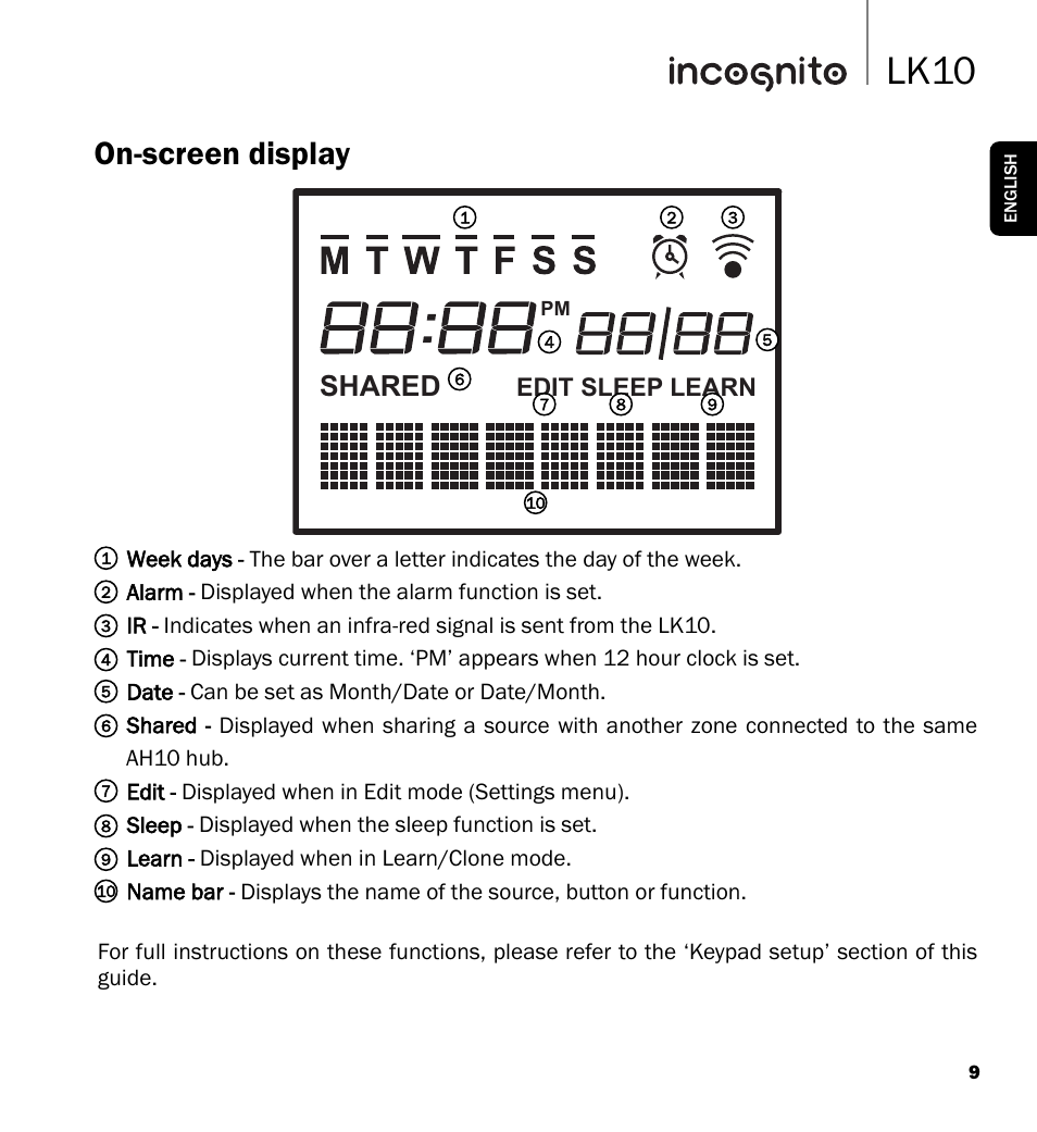 Lk10, On-screen display, Shared | Edit sleep learn | Cambridge Audio LK10 User Manual | Page 9 / 20