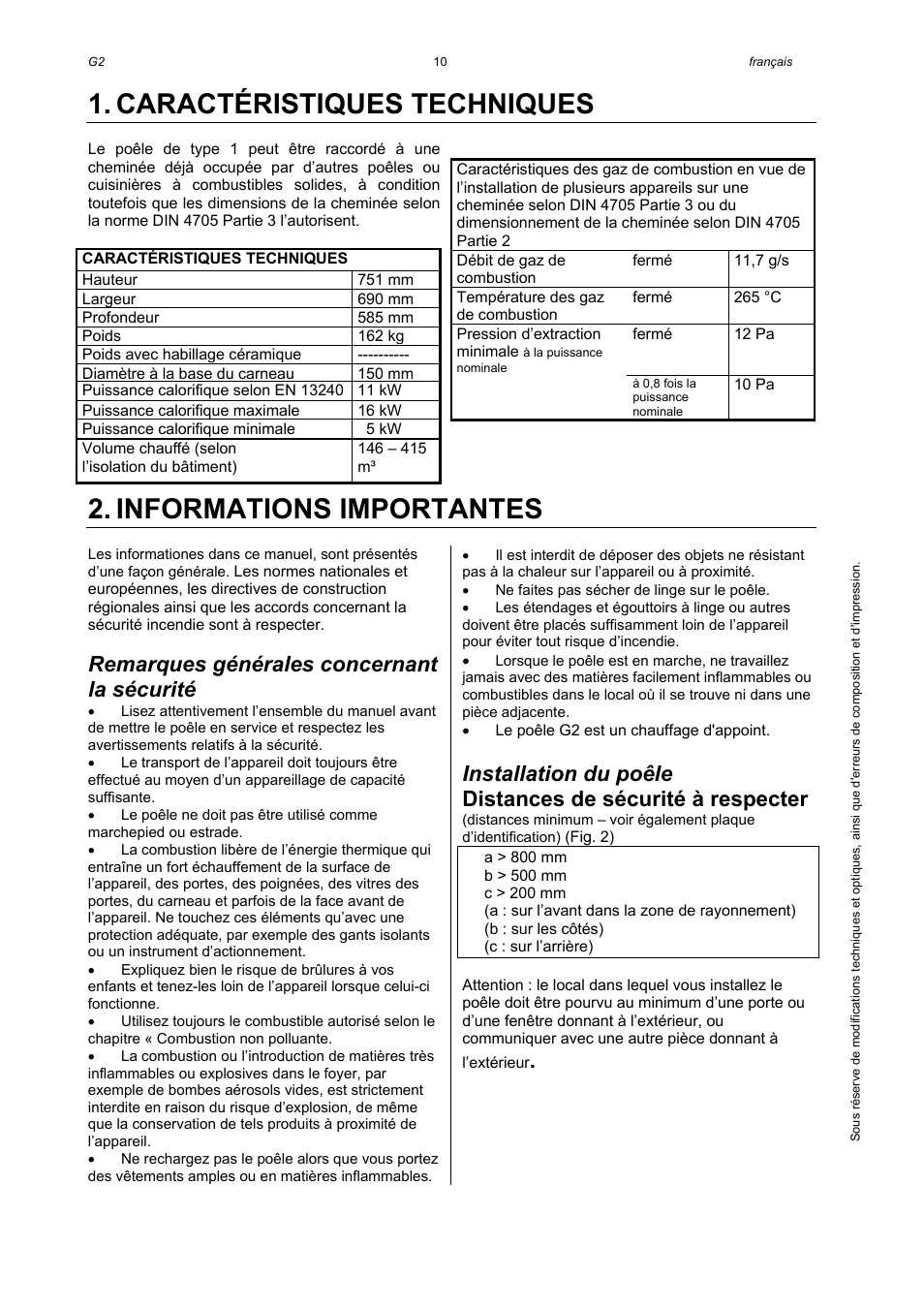 Caractéristiques techniques, Informations importantes, Remarques générales concernant la sécurité | Austroflamm G2 User Manual | Page 12 / 16