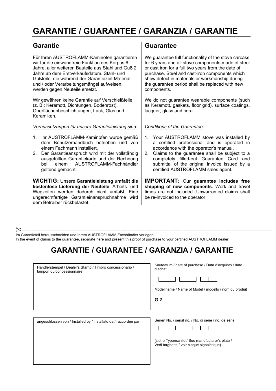 Garantie / guarantee / garanzia / garantie, Garantie, Guarantee | Austroflamm G2 User Manual | Page 15 / 16