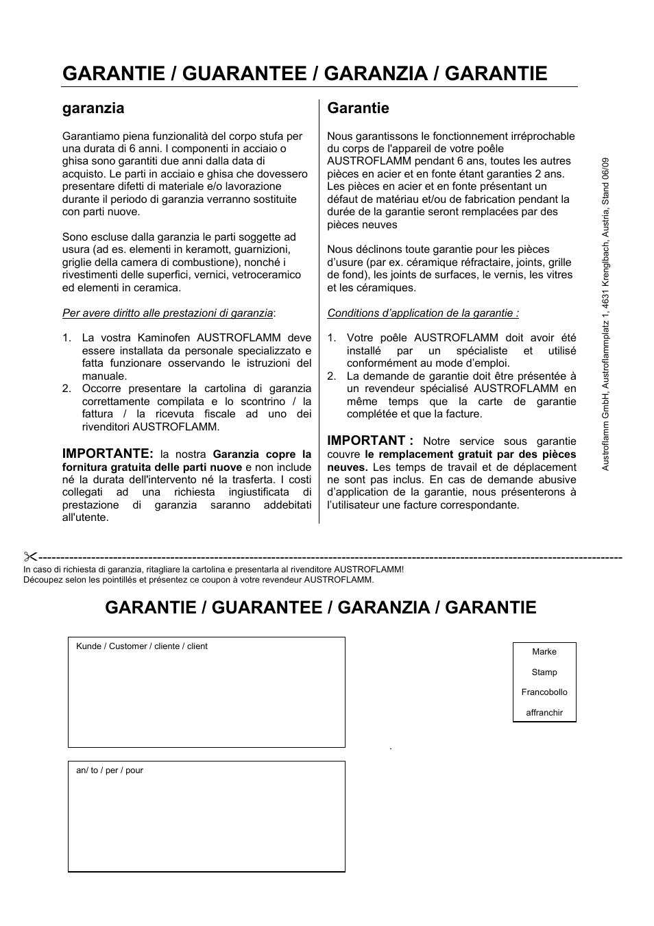 Garantie / guarantee / garanzia / garantie, Garanzia, Garantie | Importante, Important | Austroflamm G2 User Manual | Page 16 / 16