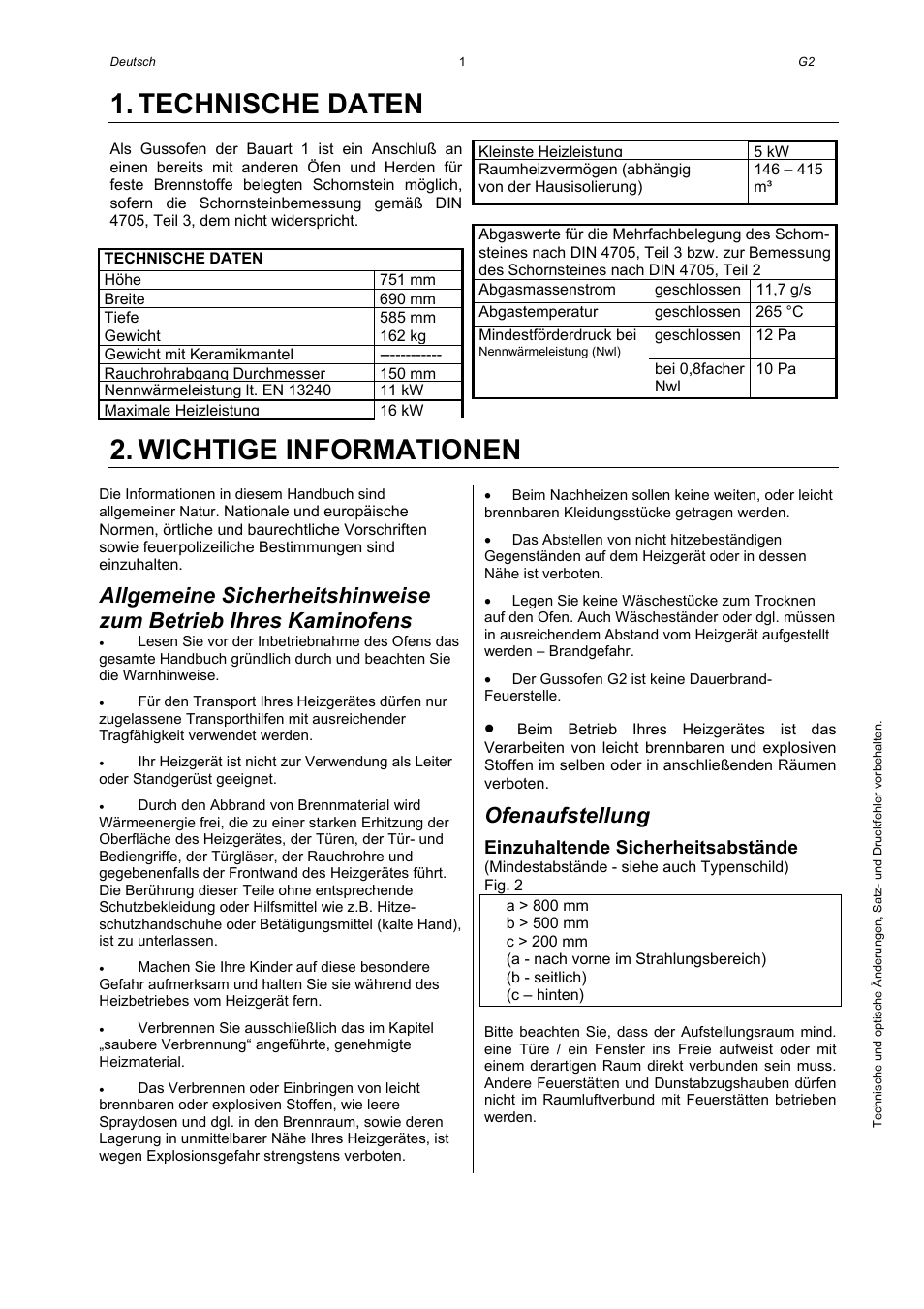 Technische daten, Wichtige informationen, Ofenaufstellung | Einzuhaltende sicherheitsabstände | Austroflamm G2 User Manual | Page 3 / 16