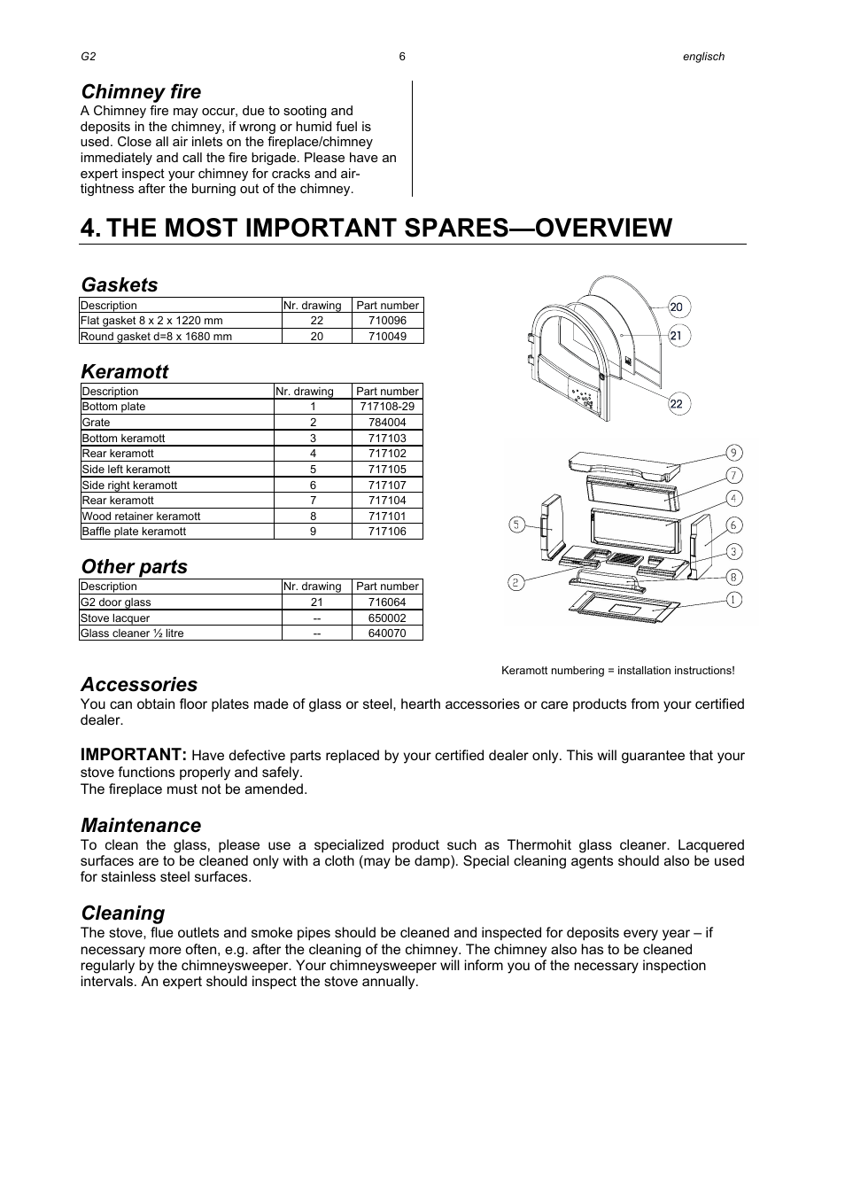 The most important spares—overview, Chimney fire, Gaskets | Keramott, Other parts, Accessories, Maintenance, Cleaning, Important | Austroflamm G2 User Manual | Page 8 / 16