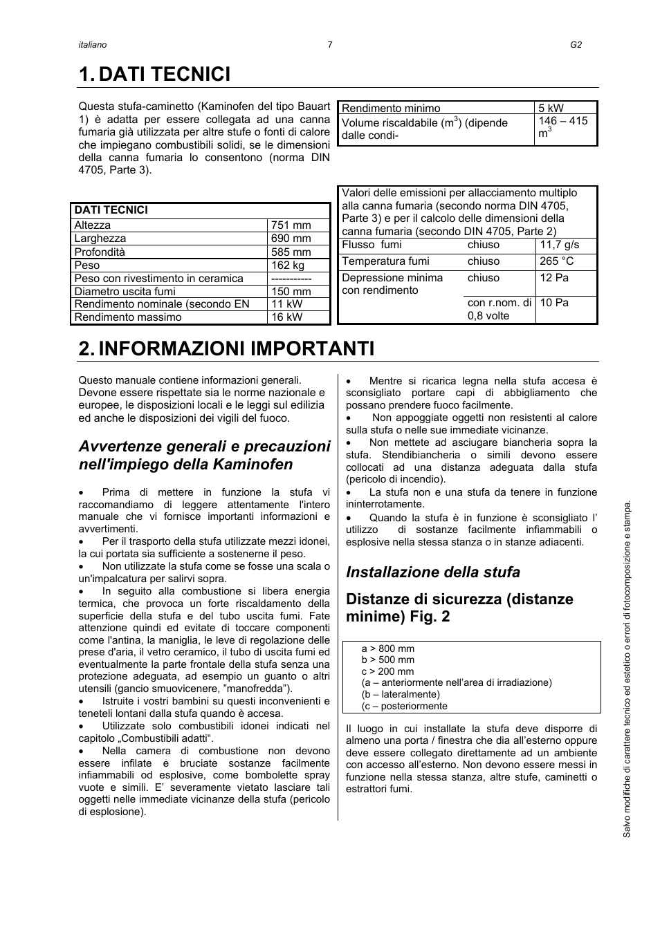 Dati tecnici, Informazioni importanti, Installazione della stufa | Distanze di sicurezza (distanze minime) fig. 2 | Austroflamm G2 User Manual | Page 9 / 16