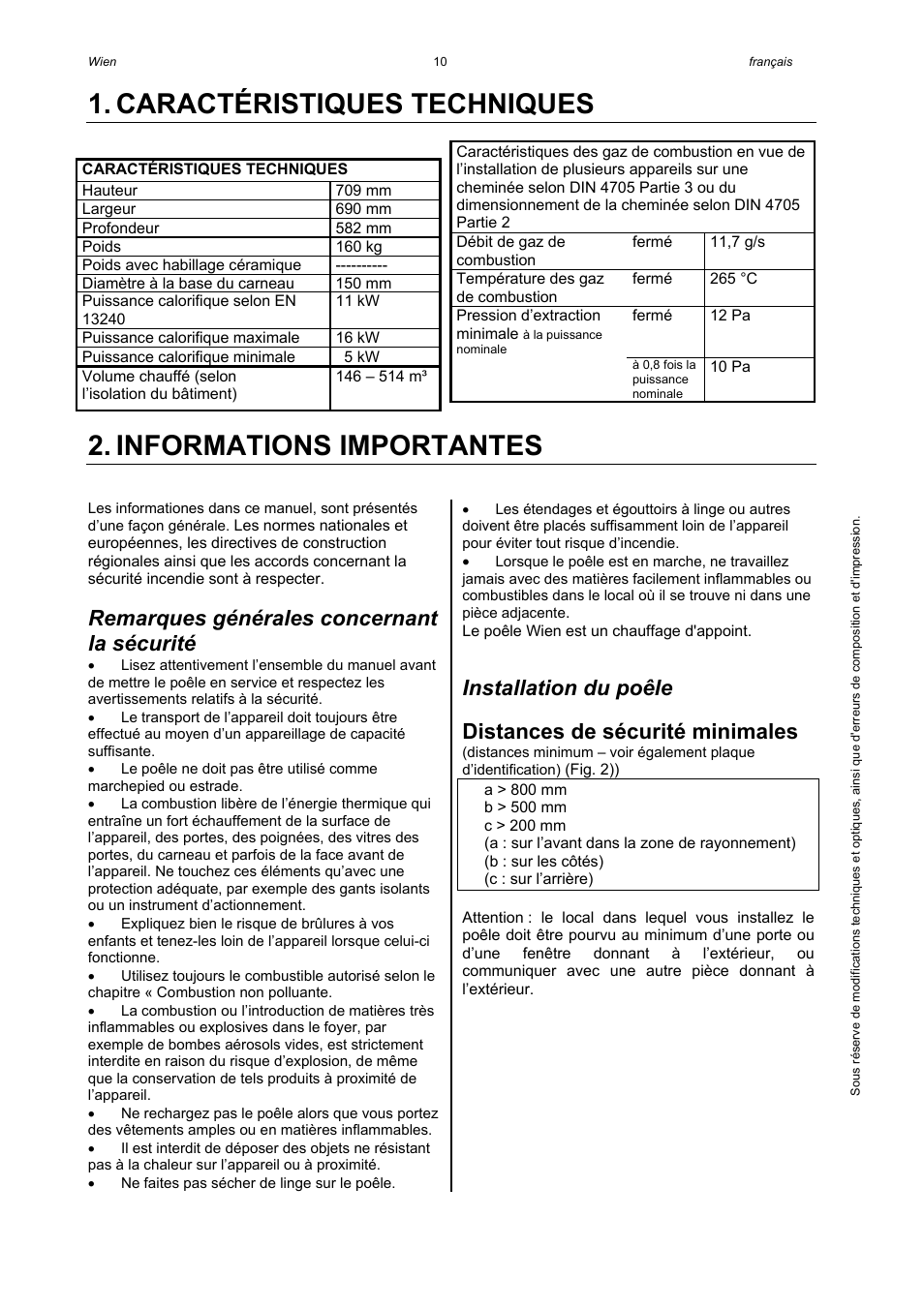 Caractéristiques techniques, Informations importantes, Remarques générales concernant la sécurité | Installation du poêle, Distances de sécurité minimales | Austroflamm Wien User Manual | Page 12 / 16