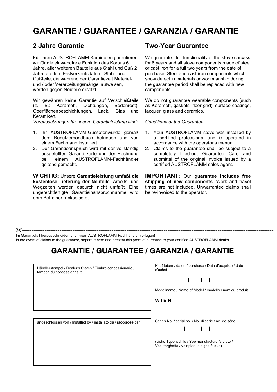 Garantie / guarantee / garanzia / garantie, 2 jahre garantie, Two-year guarantee | Austroflamm Wien User Manual | Page 15 / 16