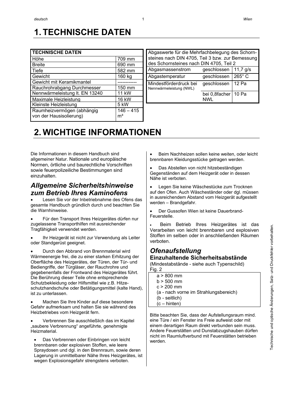 Technische daten, Wichtige informationen, Ofenaufstellung | Einzuhaltende sicherheitsabstände | Austroflamm Wien User Manual | Page 3 / 16
