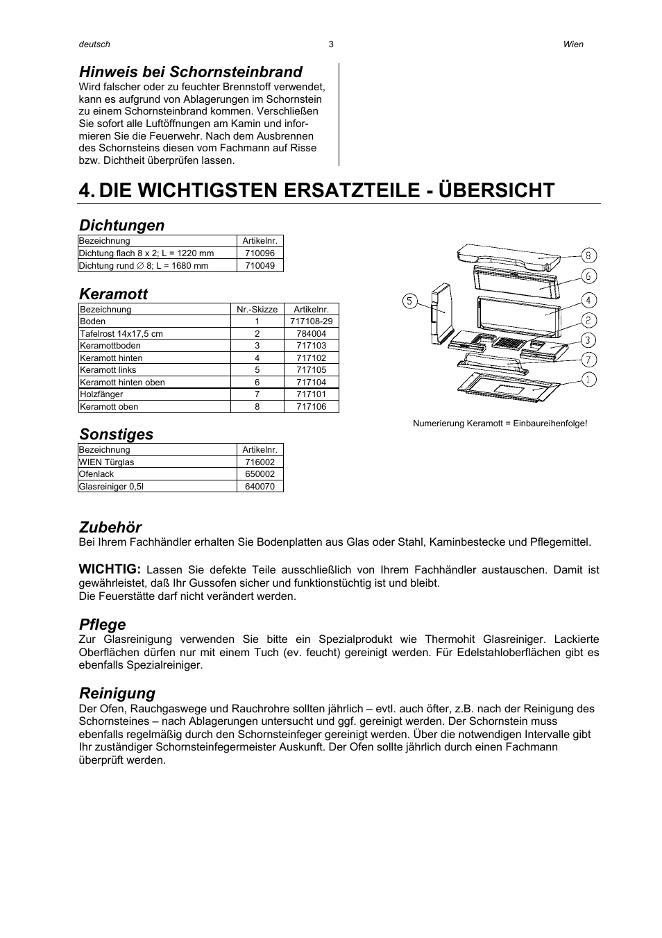 Die wichtigsten ersatzteile - übersicht, Hinweis bei schornsteinbrand, Dichtungen | Keramott, Sonstiges, Zubehör, Pflege, Reinigung, Wichtig | Austroflamm Wien User Manual | Page 5 / 16