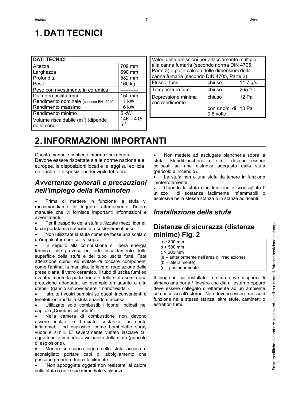 Dati tecnici, Informazioni importanti, Installazione della stufa | Distanze di sicurezza (distanze minime) fig. 2 | Austroflamm Wien User Manual | Page 9 / 16