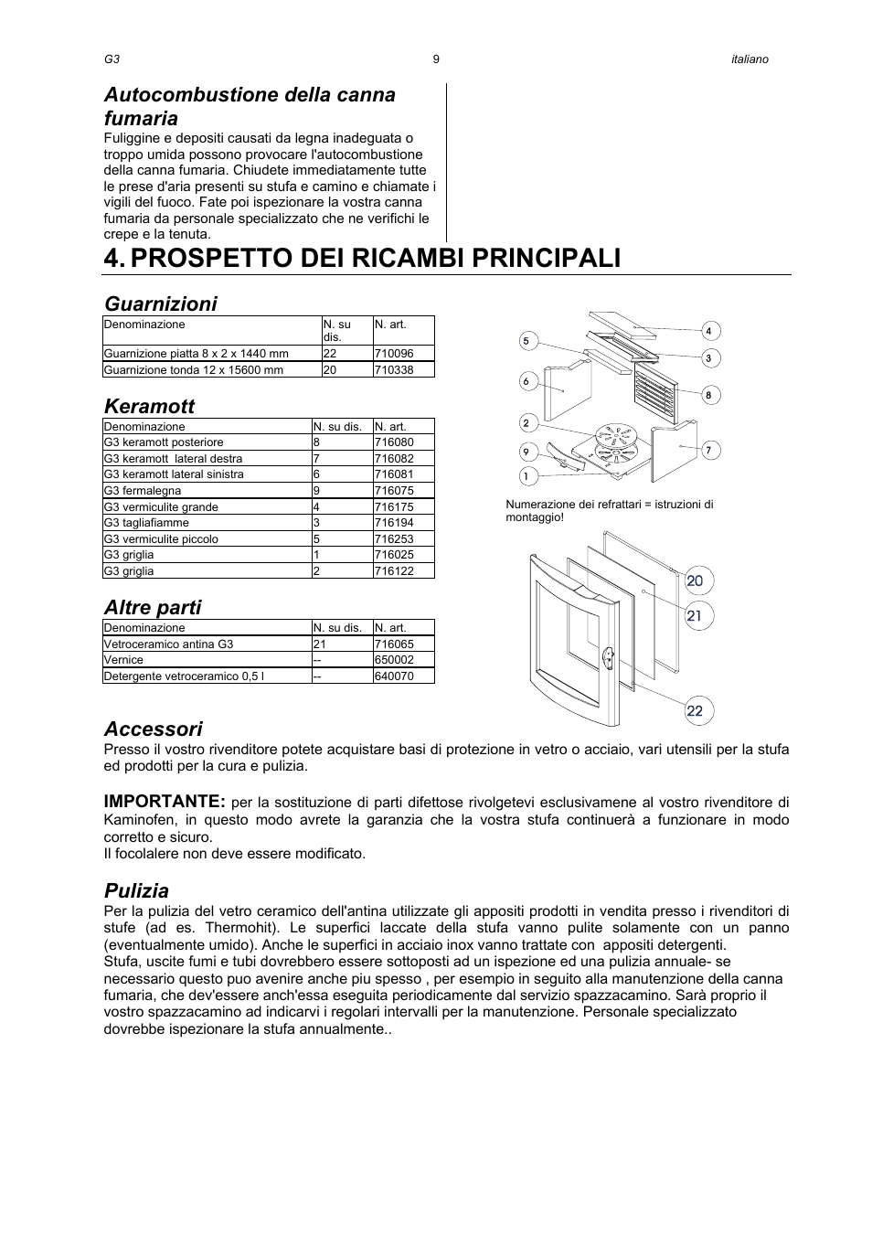 Prospetto dei ricambi principali, Autocombustione della canna fumaria, Guarnizioni | Keramott, Altre parti, Accessori, Pulizia, Importante | Austroflamm G3 User Manual | Page 11 / 16
