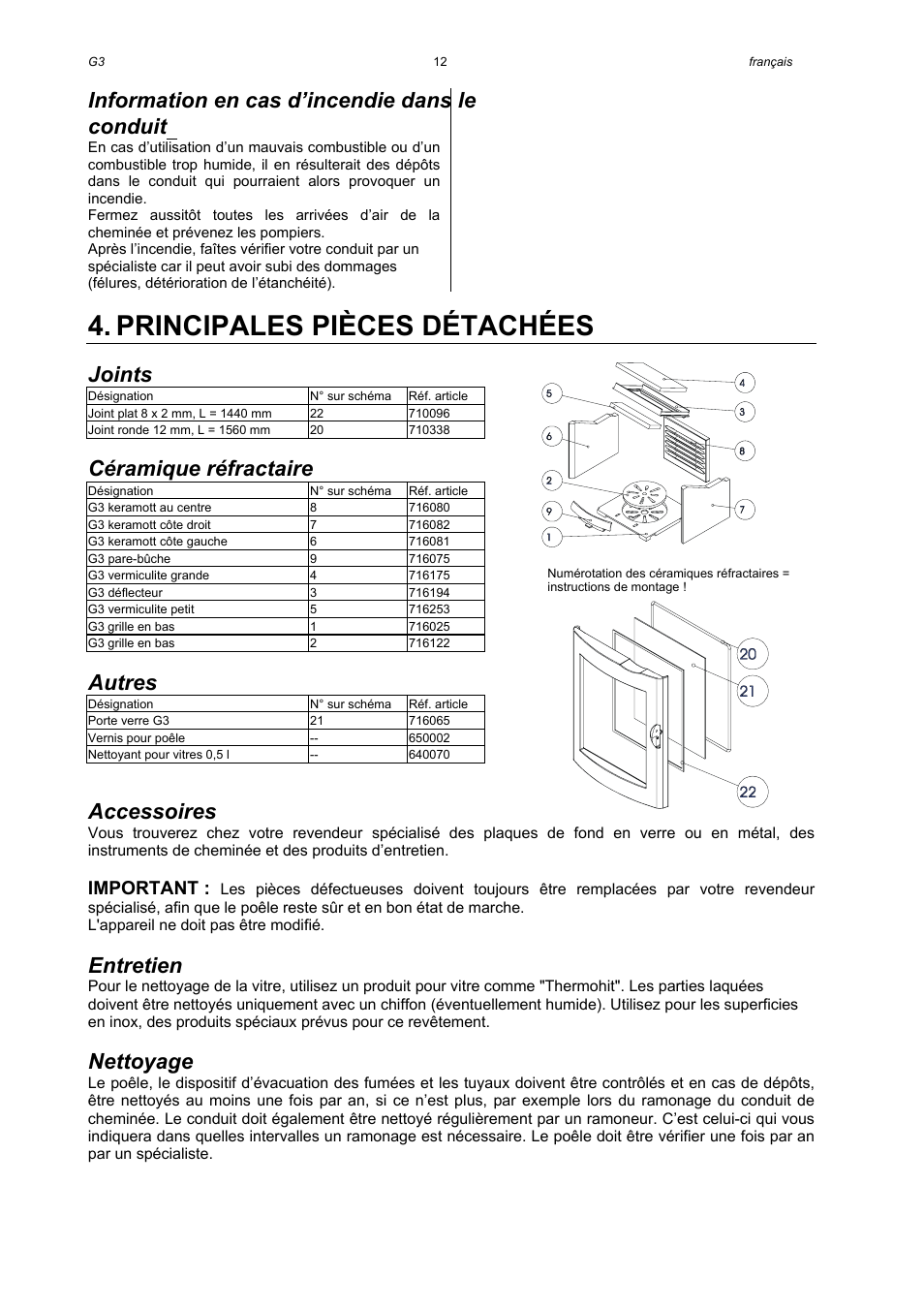 Principales pièces détachées, Information en cas d’incendie dans le conduit, Joints | Céramique réfractaire, Autres, Accessoires, Entretien, Nettoyage, Important | Austroflamm G3 User Manual | Page 14 / 16
