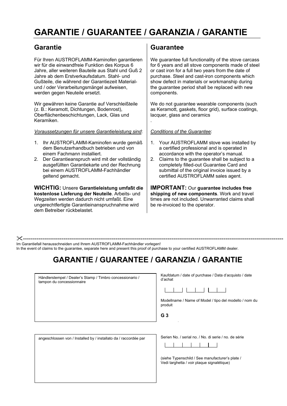 Garantie / guarantee / garanzia / garantie, Garantie, Guarantee | Austroflamm G3 User Manual | Page 15 / 16