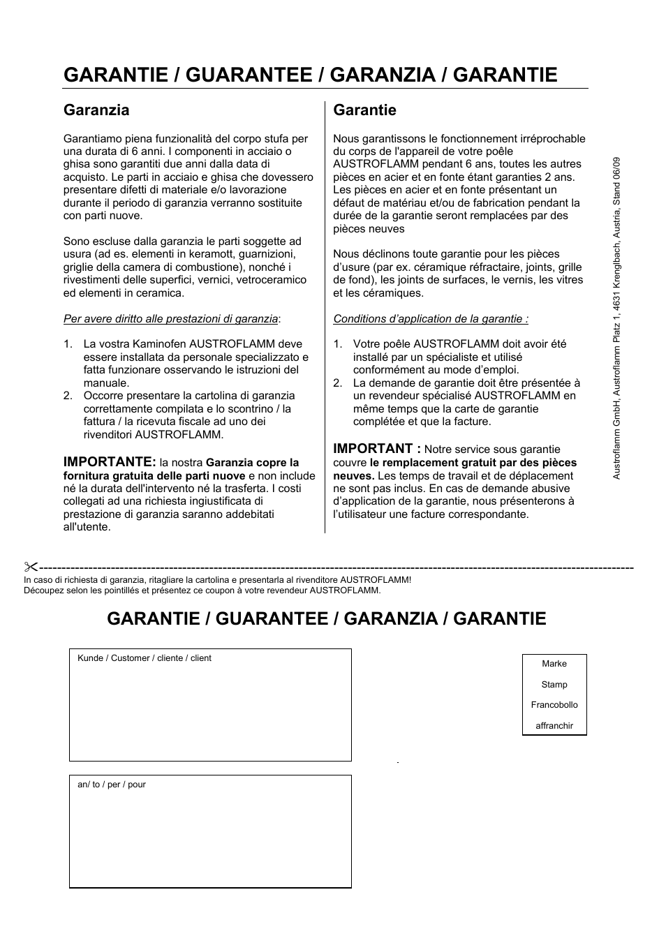 Garantie / guarantee / garanzia / garantie, Garanzia, Garantie | Importante, Important | Austroflamm G3 User Manual | Page 16 / 16