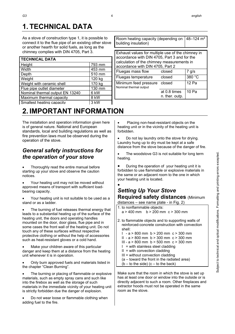 Technical data, Important information, Setting up your stove | Required safety distances | Austroflamm G3 User Manual | Page 6 / 16