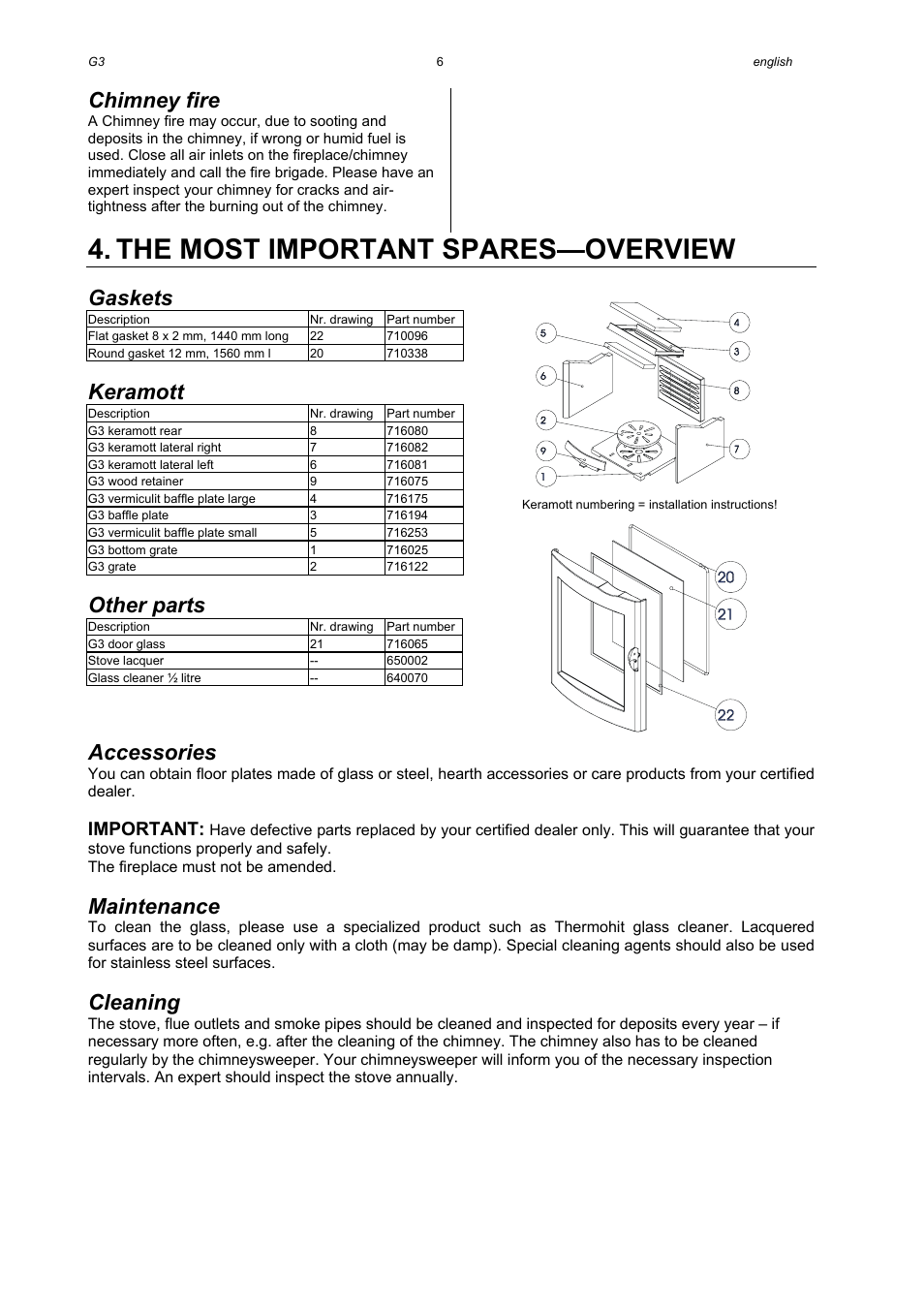 The most important spares—overview, Chimney fire, Gaskets | Keramott, Other parts, Accessories, Maintenance, Cleaning, Important | Austroflamm G3 User Manual | Page 8 / 16