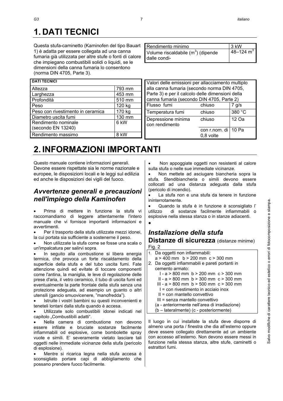 Dati tecnici, Informazioni importanti, Installazione della stufa | Distanze di sicurezza | Austroflamm G3 User Manual | Page 9 / 16