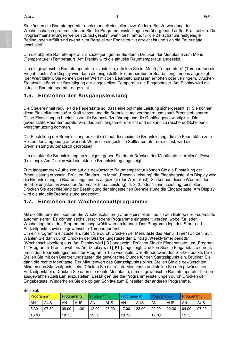 Einstellen der ausgangsleistung, Einstellen der wochenschaltprogramme, Deutsch | Austroflamm Polly User Manual | Page 10 / 68