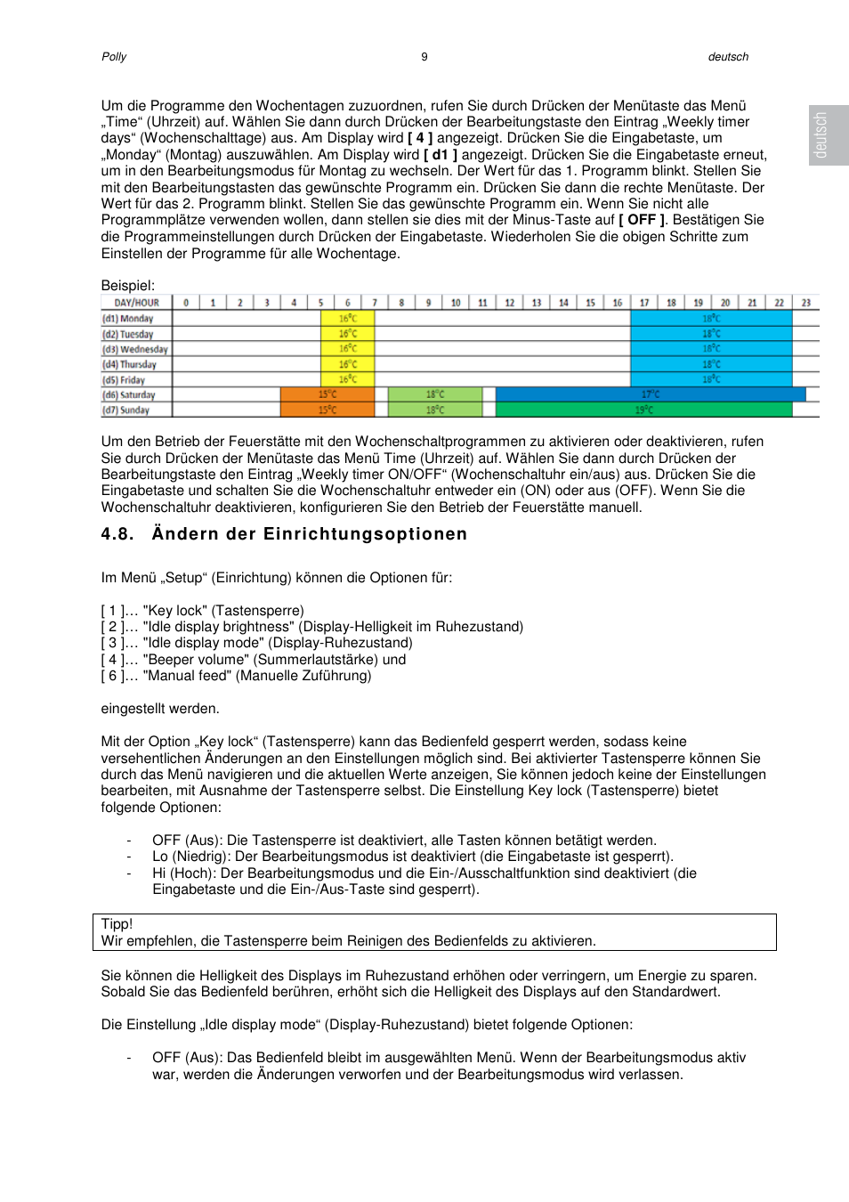 Ändern der einrichtungsoptionen, Deutsch | Austroflamm Polly User Manual | Page 11 / 68