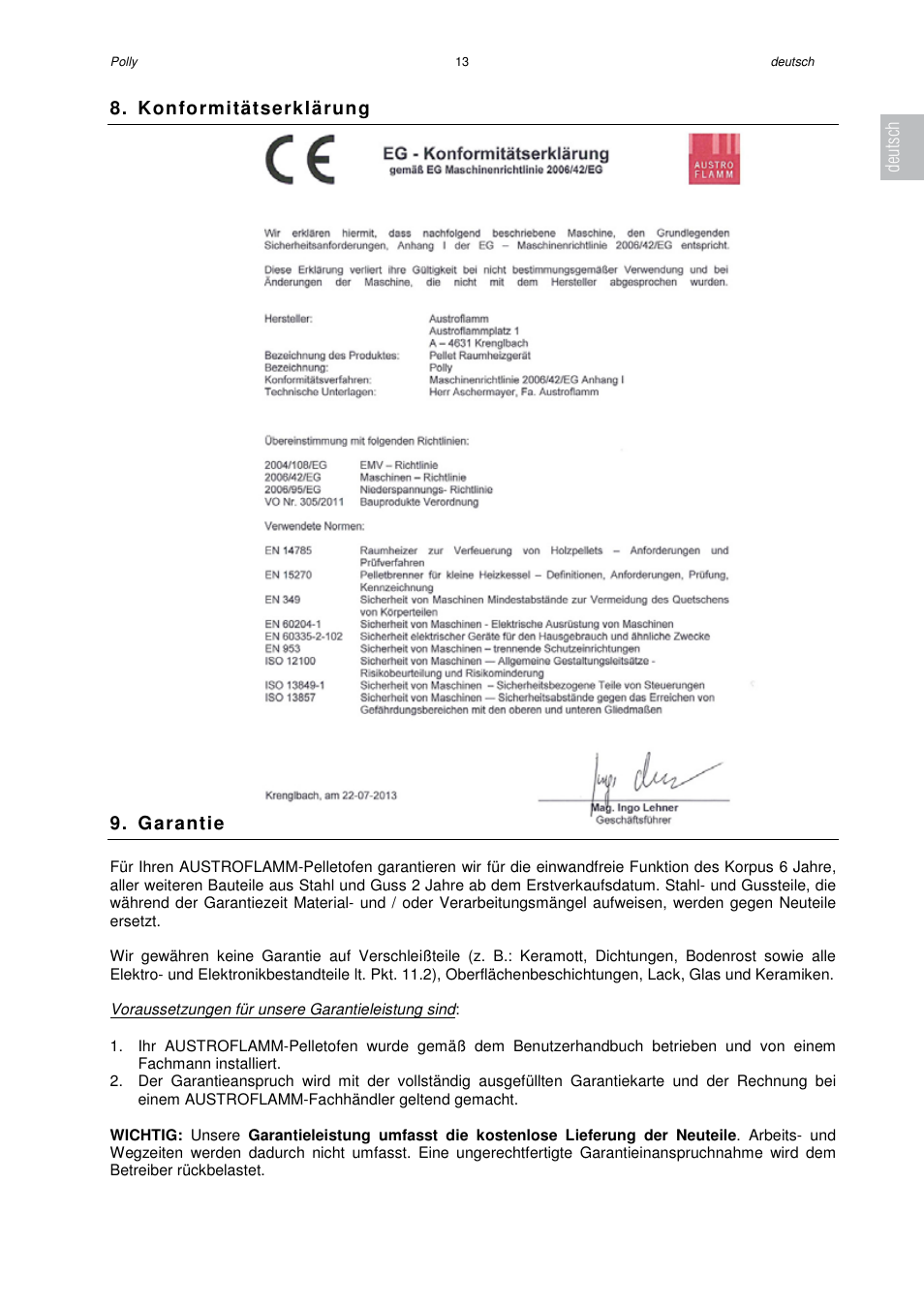 Konformitätserklärung, Garantie, Deutsch | Austroflamm Polly User Manual | Page 15 / 68