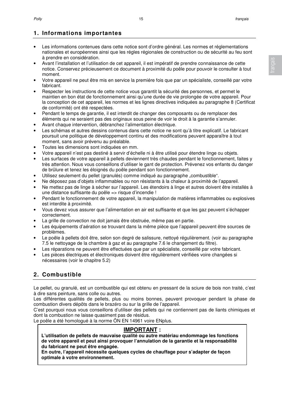 Informations importantes, Combustible, Important | Français | Austroflamm Polly User Manual | Page 17 / 68