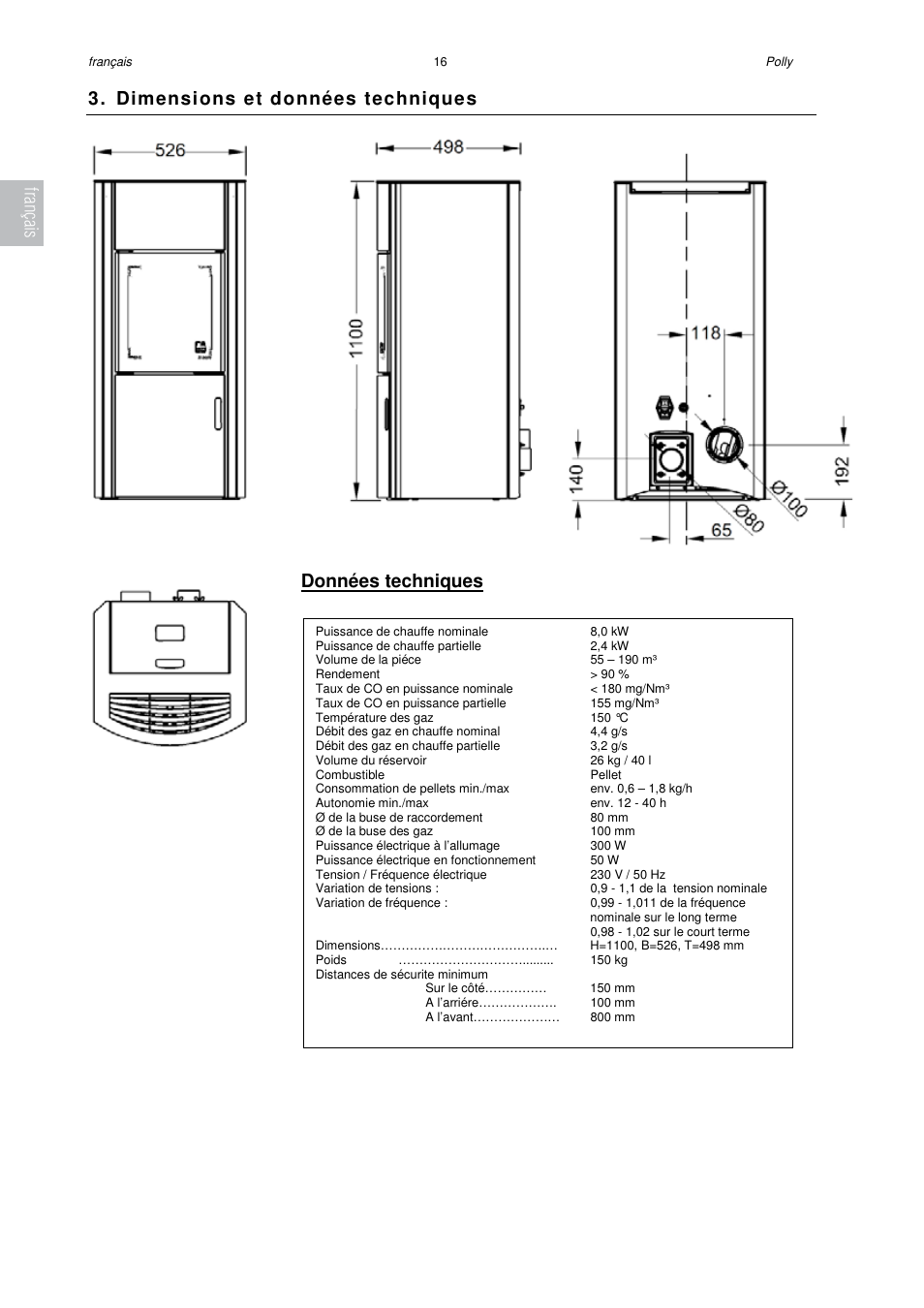 Dimensions et données techniques, Données techniques, Français | Austroflamm Polly User Manual | Page 18 / 68