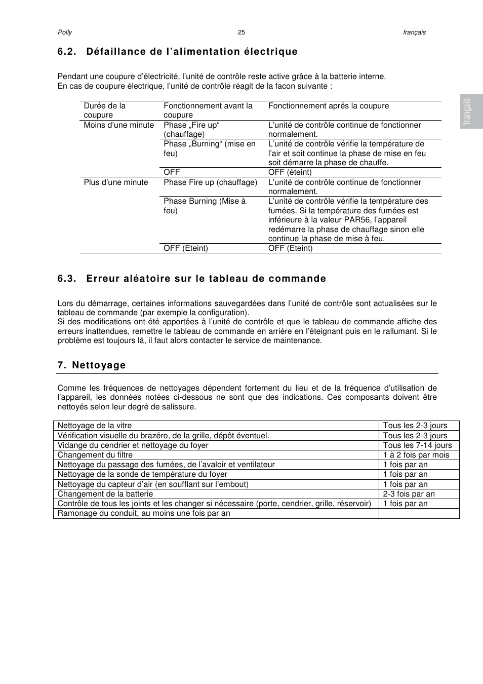 Défaillance de l’alimentation électrique, Erreur aléatoire sur le tableau de commande, Nettoyage | Français | Austroflamm Polly User Manual | Page 27 / 68