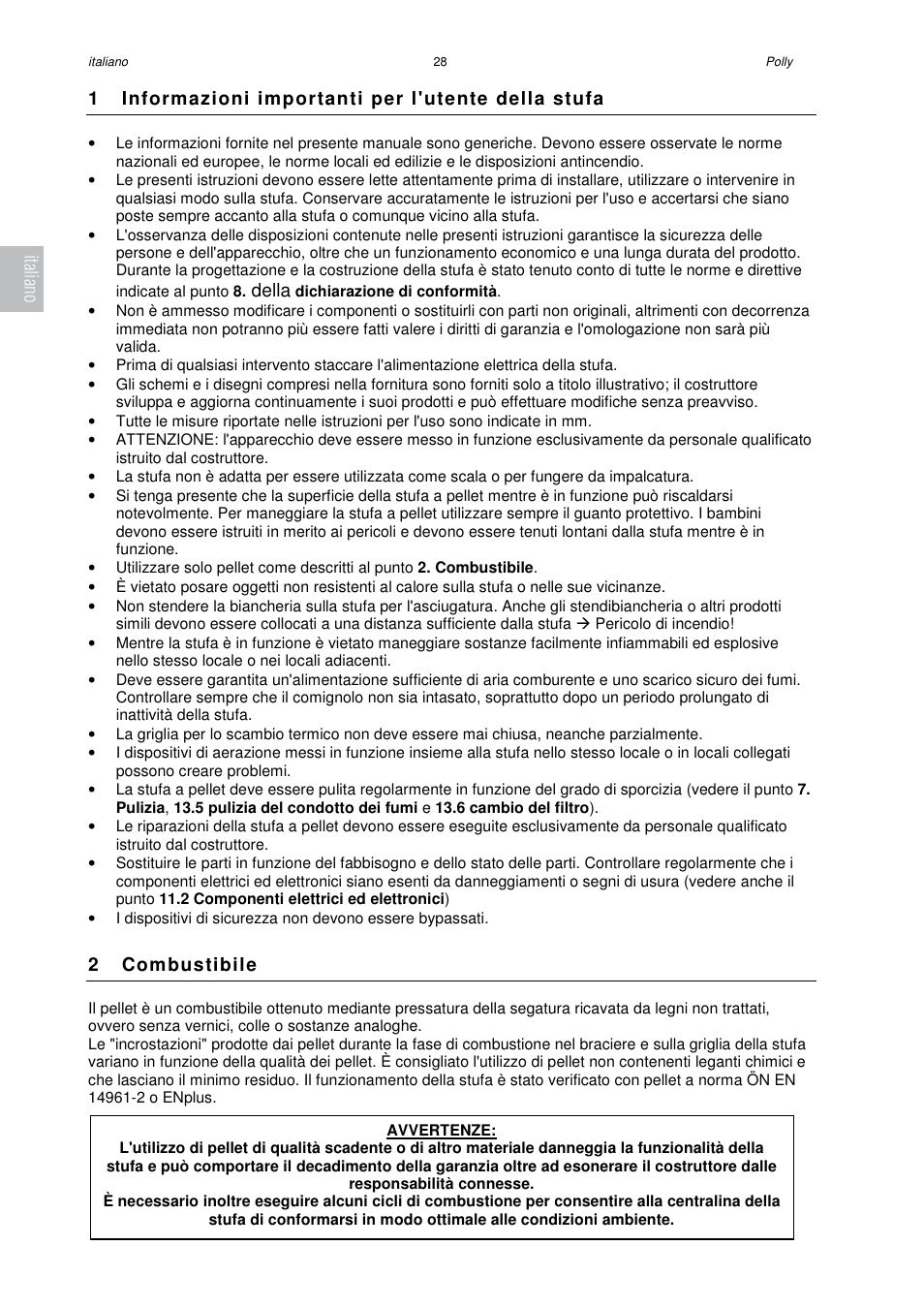 1 informazioni importanti per l'utente della stufa, Della, 2 combustibile | Italiano | Austroflamm Polly User Manual | Page 30 / 68