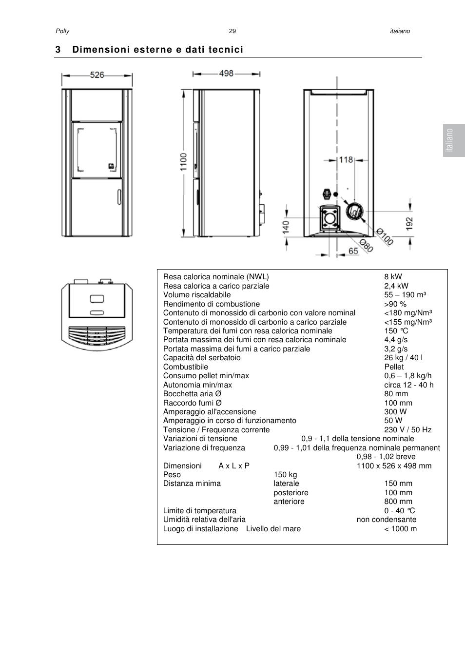 3 dimensioni esterne e dati tecnici, Italiano | Austroflamm Polly User Manual | Page 31 / 68