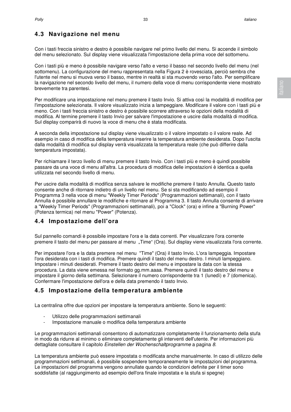 3 navigazione nel menu, 4 impostazione dell'ora, 5 impostazione della temperatura ambiente | Italiano | Austroflamm Polly User Manual | Page 35 / 68