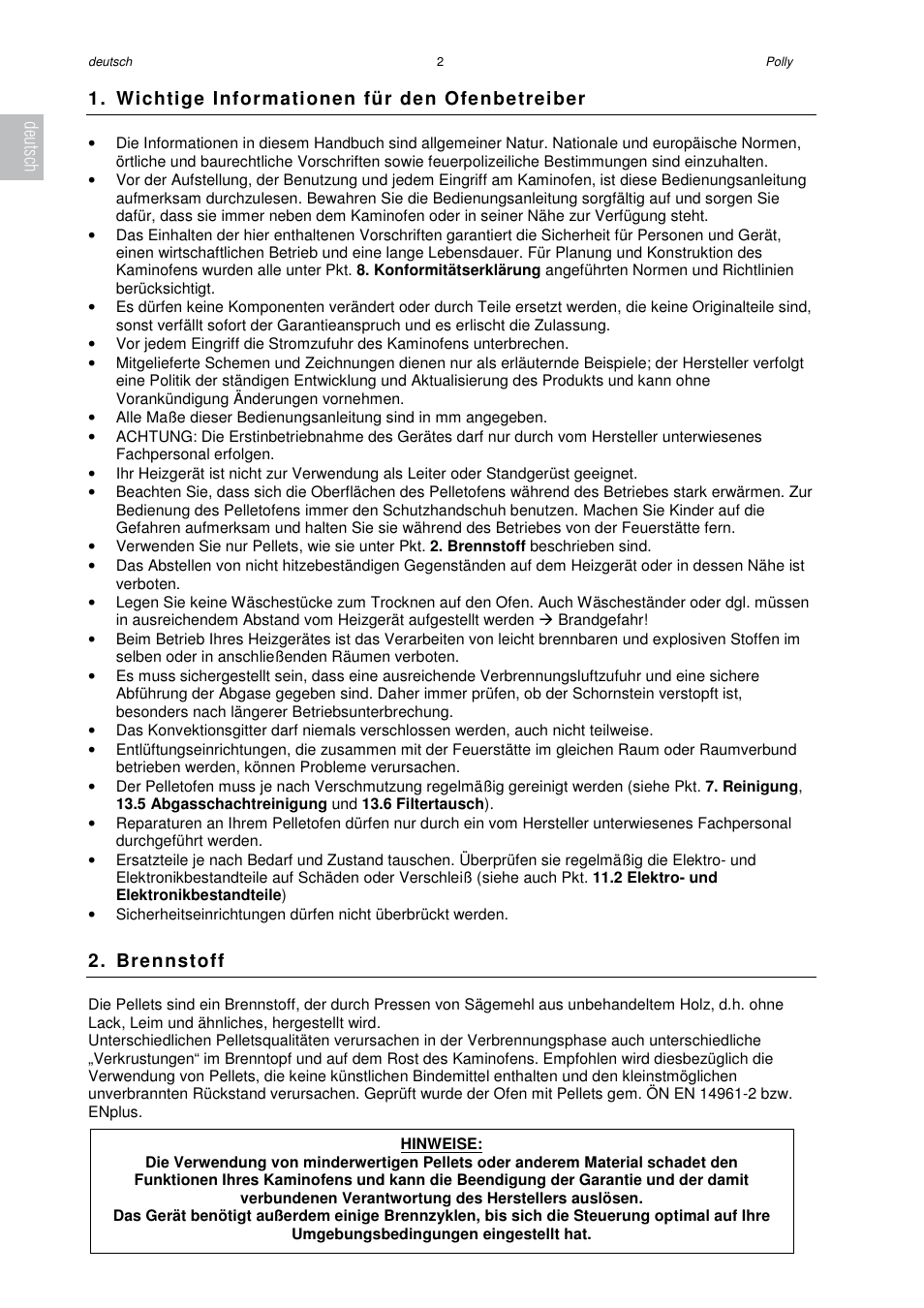 Wichtige informationen für den ofenbetreiber, Brennstoff, Deutsch | Austroflamm Polly User Manual | Page 4 / 68