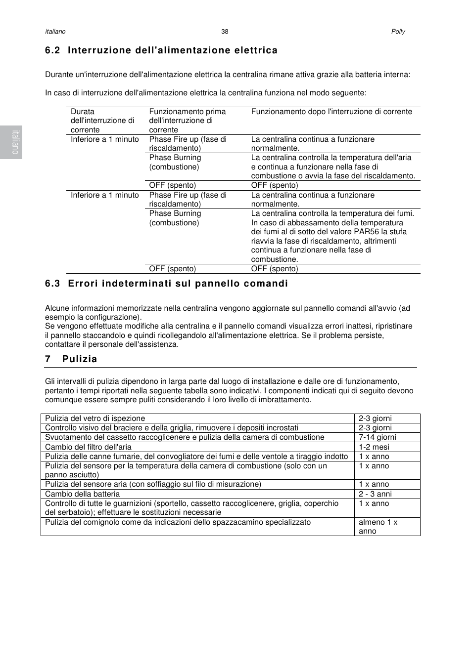 2 interruzione dell'alimentazione elettrica, 3 errori indeterminati sul pannello comandi, 7 pulizia | Italiano | Austroflamm Polly User Manual | Page 40 / 68