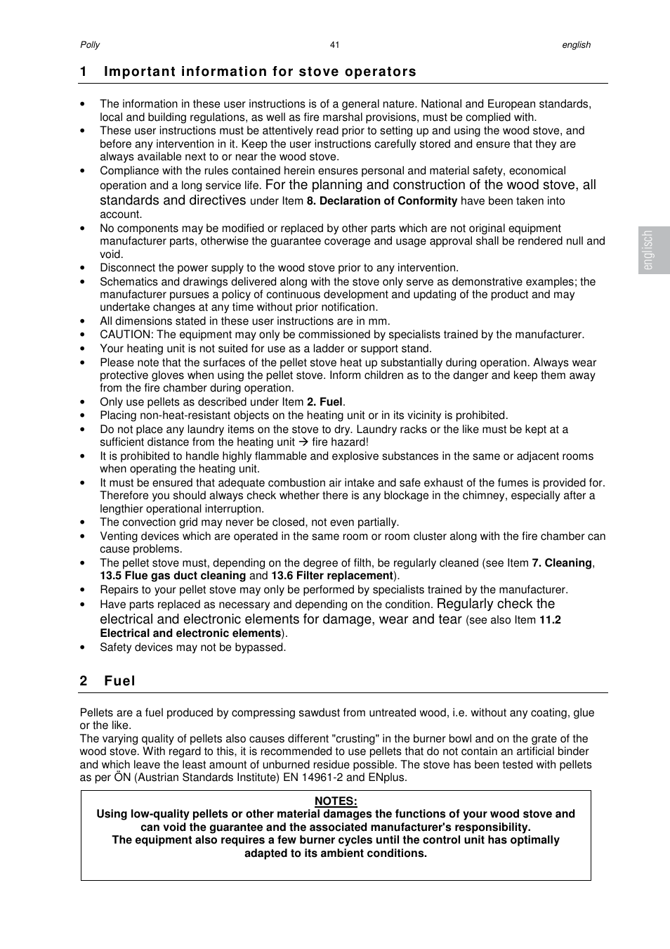 1 important information for stove operators, 2 fuel, Englisch | Austroflamm Polly User Manual | Page 43 / 68