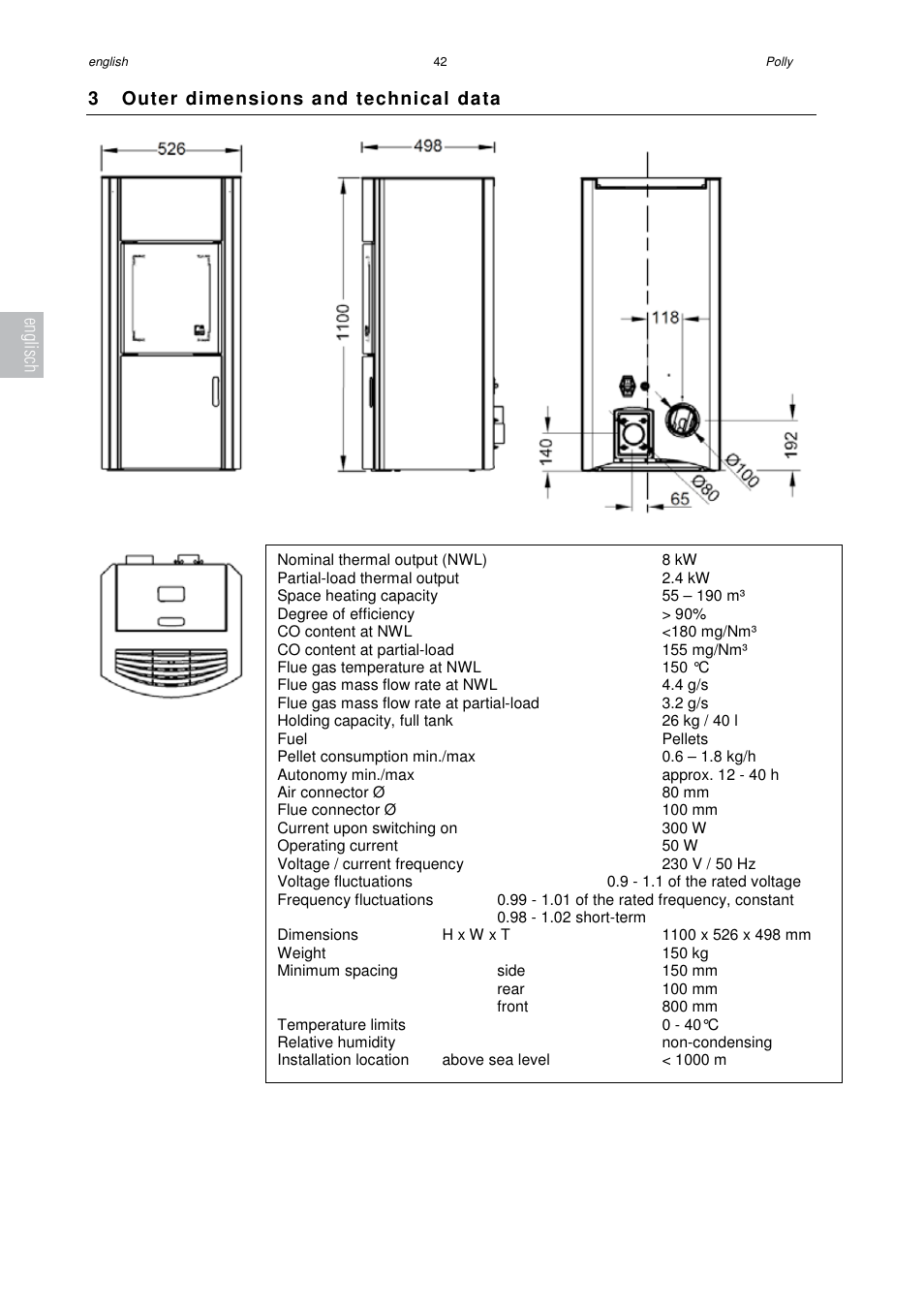 3 outer dimensions and technical data, Englisch | Austroflamm Polly User Manual | Page 44 / 68