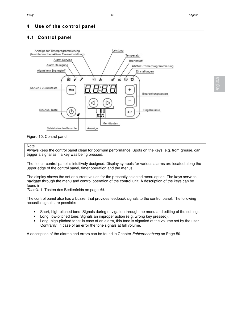 4 use of the control panel 4.1 control panel, Englisch | Austroflamm Polly User Manual | Page 45 / 68