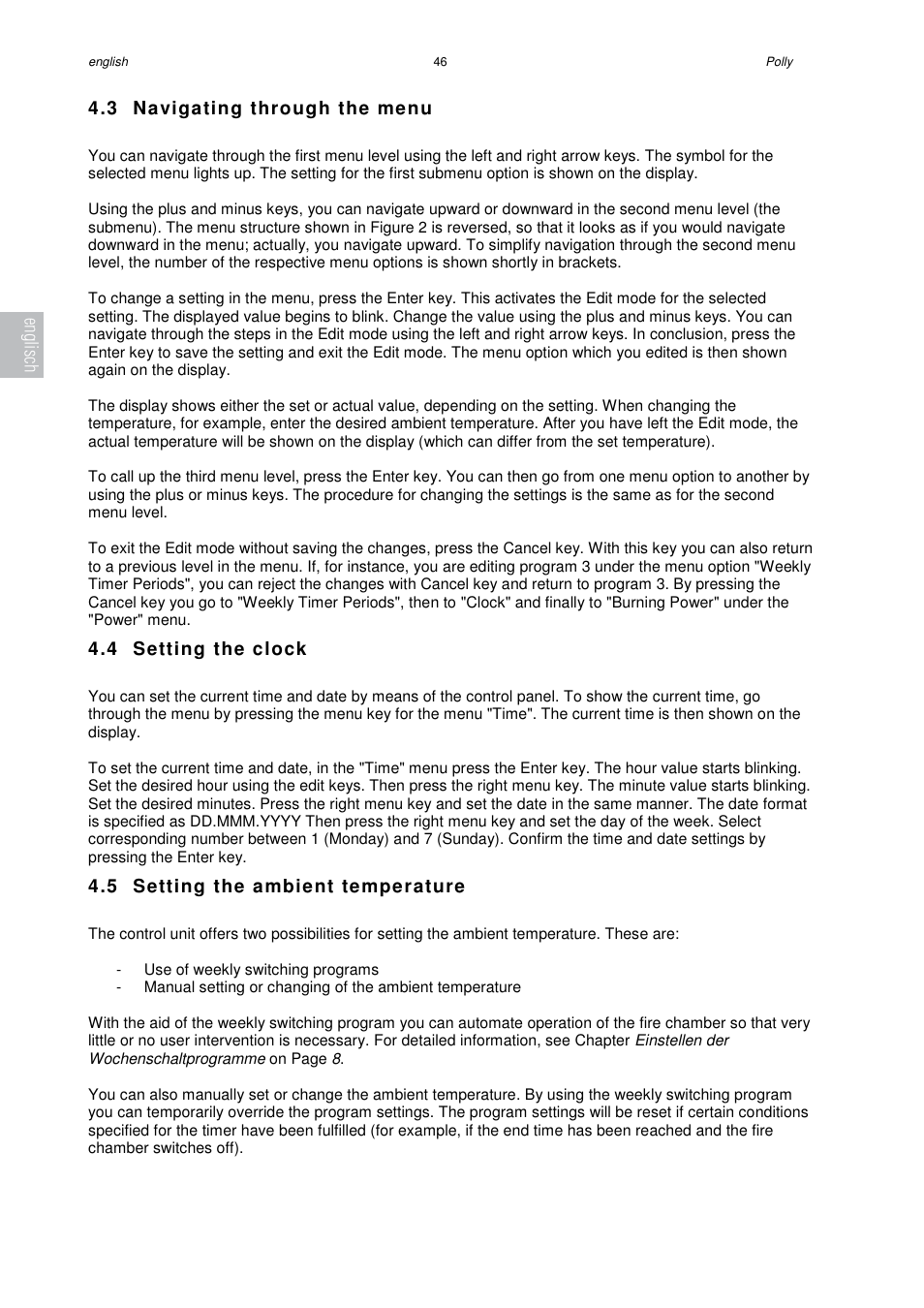 3 navigating through the menu, 4 setting the clock, 5 setting the ambient temperature | Englisch | Austroflamm Polly User Manual | Page 48 / 68