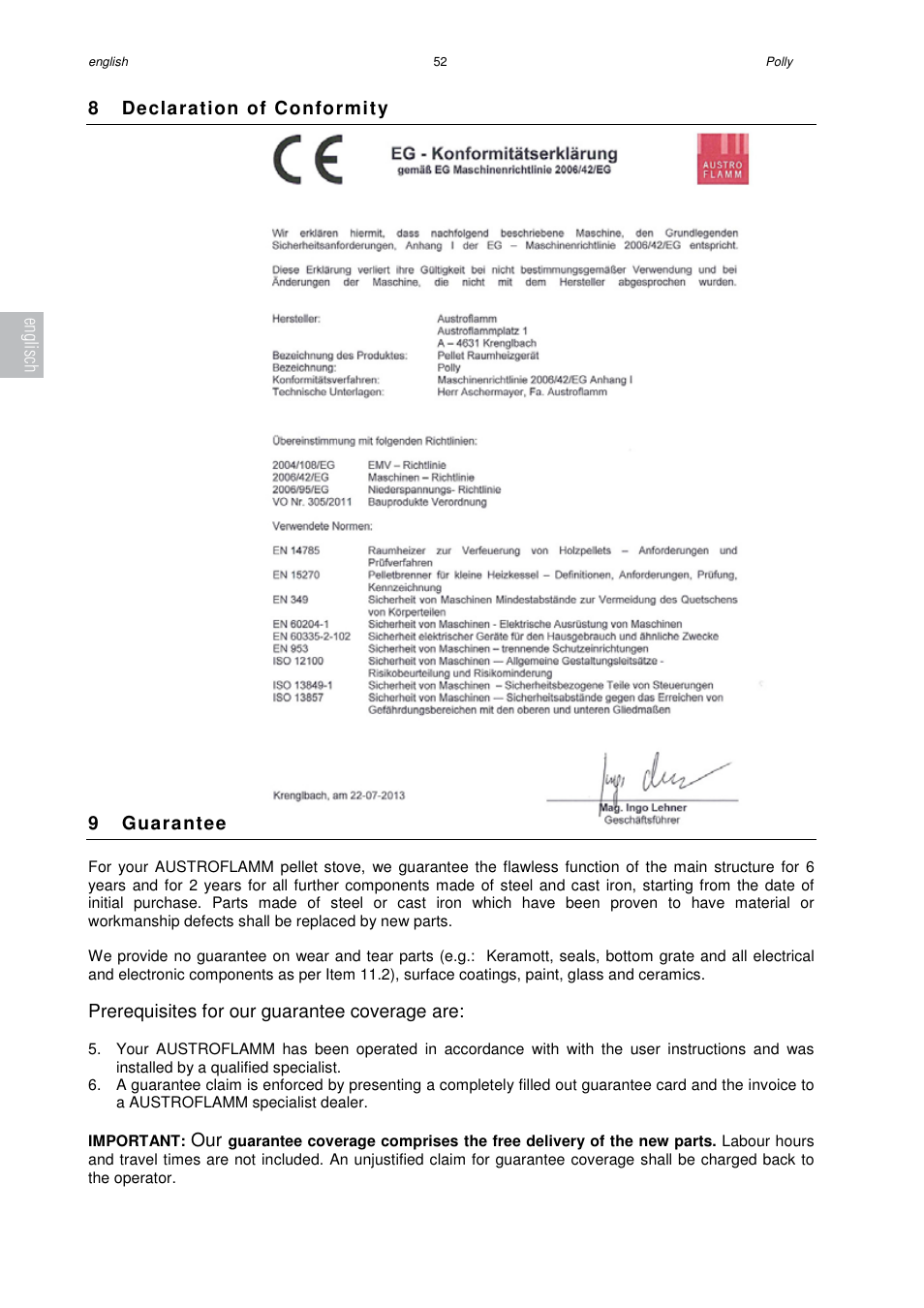 8 declaration of conformity, 9 guarantee, Prerequisites for our guarantee coverage are | Englisch | Austroflamm Polly User Manual | Page 54 / 68