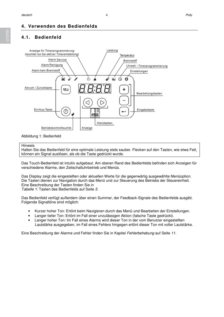 Verwenden des bedienfelds 4.1. bedienfeld, Deutsch | Austroflamm Polly User Manual | Page 6 / 68