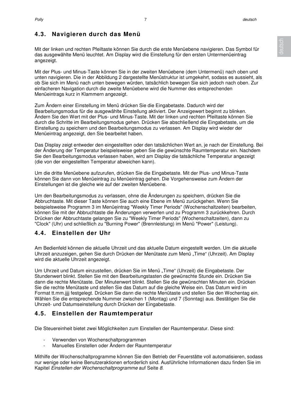 Navigieren durch das menü, Einstellen der uhr, Einstellen der raumtemperatur | Deutsch | Austroflamm Polly User Manual | Page 9 / 68