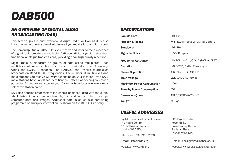 Dab500, An overview of digital audio broadcasting (dab), Specifications | Useful addresses | Cambridge Audio DAB500 User Manual | Page 10 / 12