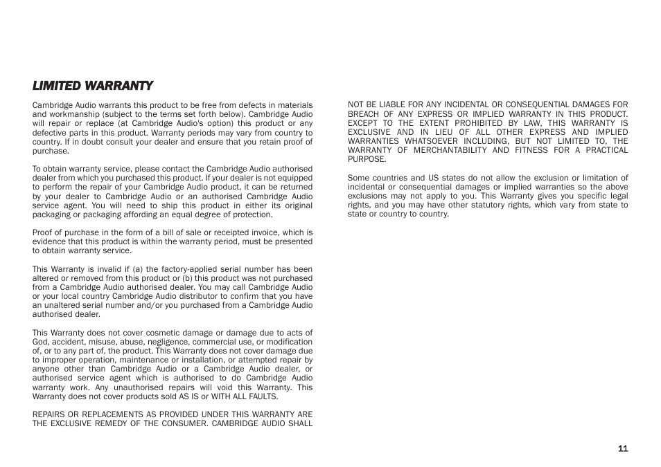 Limited warranty | Cambridge Audio DAB500 User Manual | Page 11 / 12