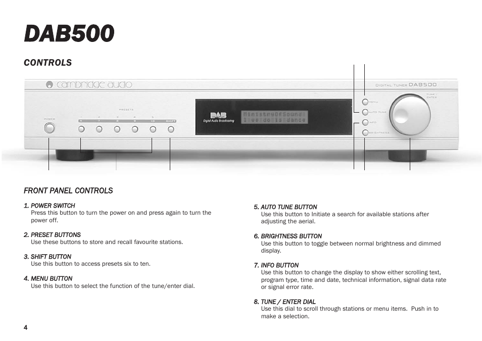 Dab500, Controls | Cambridge Audio DAB500 User Manual | Page 4 / 12